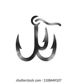 Fishing hook icon in halftone style. Black and white monochrome vector illustration.
