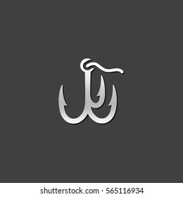 Fishing hook icon in metallic grey color style. Sport leisure water fisherman