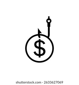 Fishing hook icon with money shaped bait. The coin is hanging on a hook. Vector illustration on white background.