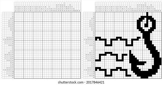 Icono De La Pesquera Icono De La Pesquería No-Gráfica, Gridddlers De Juego De Rompecabezas Lógico, Pic-A-Pix, Pintado De Imágenes Por Números, Picross, Icono De Pescado, Herramienta De Captura De Peces, Icono De Icono De Aventura Deportes Vector Ilustración De Arte