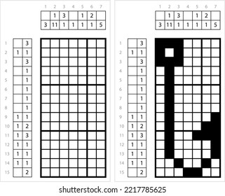 Fishing Hook Icon Nonogram Pixel Art, Fishhook Icon, Fish Catching Tool, Adventure Sport Icon Vector Art Illustration, Logic Puzzle Game Griddlers, Pic-A-Pix, Picture Paint By Numbers, Picross