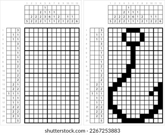 Fishing Hook Icon Nonogram Pixel Art, Fishhook Icon, Fish Catching Tool, Adventure Sport Icon Vector Art Illustration, Logic Puzzle Game Griddlers, Pic-A-Pix, Picture Paint By Numbers, Picross