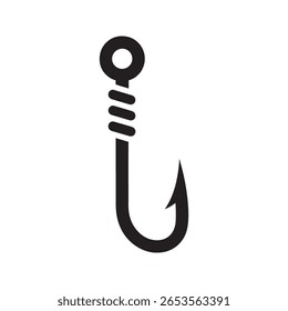 Fishing hook icon for a recreational sport and hobby representing a tool to catch fish with bait in a river or a lake vector solid glyph icon