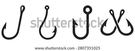 Fishing Hook Icon Set – Outline, Solid Glyph and Line Vector Fish Hook Tackle Symbols Isolated on Transparent Background