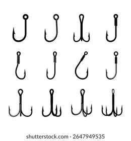 Ícone de gancho de pesca definido em várias formas e estilos para projetos temáticos ao ar livre.