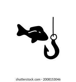 Fishing and hook icon in solid black flat shape glyph icon, isolated on white background 
