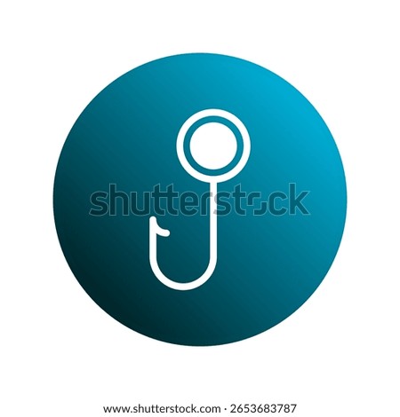 Fishing hook icon symbol design on a blue circle background presents hobby and pastime activity with angling