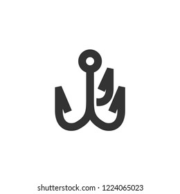 Fishing hook icon in thick outline style. Black and white monochrome vector illustration.