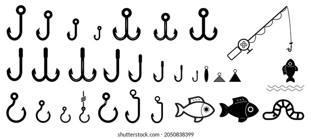 Fishing hook icons set, vector hook silhouette illustration, black fishing items icons isolated on white background - vector fish, fishing rod, bait, earthworm, offset hook, bait and fish on hook
