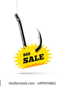 Fishing hook with label price tag with text big sale. Vector illustration on white