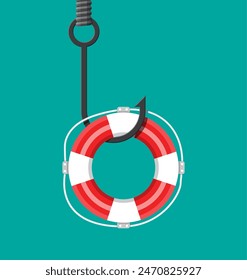 Fishing hook with lifebuoy. Trap on hook. Losing, bankruptcy, devalue, deficit, fraud,crime and lie. Vector illustration in flat style