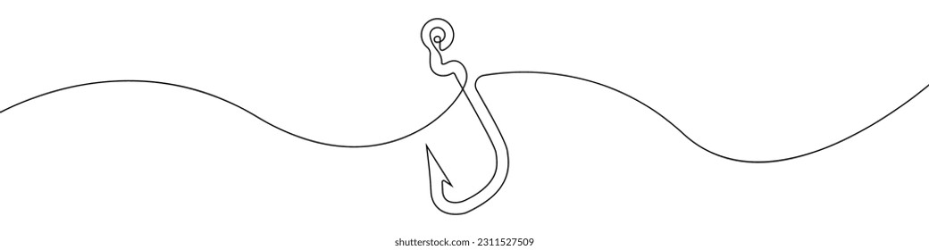 Fishing hook line continuous drawing vector. One line Hook vector background. Hook fisherman's equipment icon. Continuous outline of a Fishing hook.