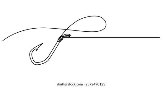 Fishing hook line continuous drawing vector. One line Hook vector background. fisherman's equipment icon. Continuous outline of a Fishing hook, Fishing line icon. Fishing, fish, fisherman. pro vector.