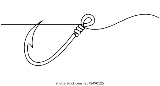 Fishing hook line continuous drawing vector. One line Hook vector background. fisherman's equipment icon. Continuous outline of a Fishing hook, Fishing line icon. Fishing, fish, fisherman. pro vector.