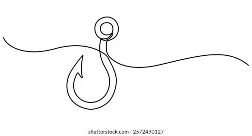 Fishing hook line continuous drawing vector. One line Hook vector background. fisherman's equipment icon. Continuous outline of a Fishing hook, Fishing line icon. Fishing, fish, fisherman. pro vector.