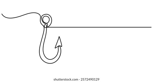 Fishing hook line continuous drawing vector. One line Hook vector background. fisherman's equipment icon. Continuous outline of a Fishing hook, Fishing line icon. Fishing, fish, fisherman. pro vector.