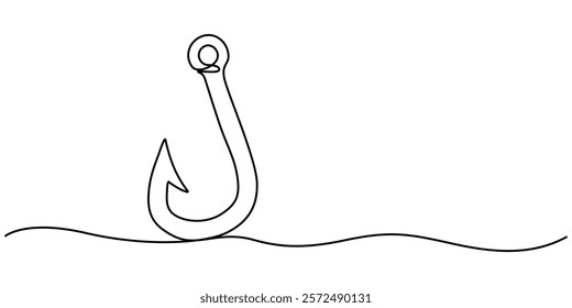 Fishing hook line continuous drawing vector. One line Hook vector background. fisherman's equipment icon. Continuous outline of a Fishing hook, Fishing line icon. Fishing, fish, fisherman. pro vector.