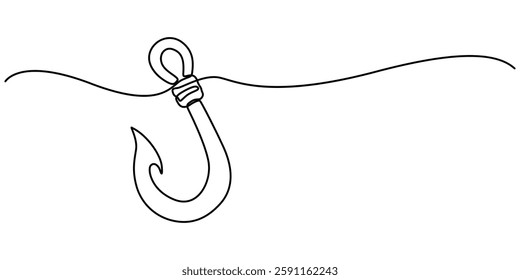 Fishing hook line continuous drawing vector. One line Hook vector background. Hook fisherman's equipment icon. Continuous outline of a Fishing hook,  minimalist pro vector illustration line concept.