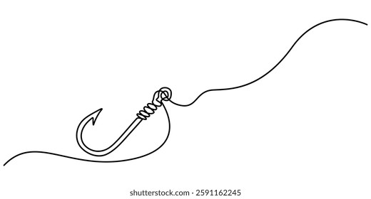 Fishing hook line continuous drawing vector. One line Hook vector background. Hook fisherman's equipment icon. Continuous outline of a Fishing hook,  minimalist pro vector illustration line concept.