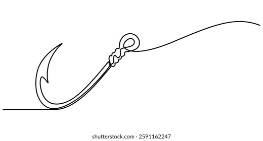 Fishing hook line continuous drawing vector. One line Hook vector background. Hook fisherman's equipment icon. Continuous outline of a Fishing hook,  minimalist pro vector illustration line concept.