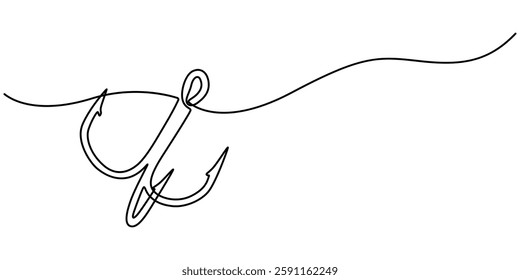 Fishing hook line continuous drawing vector. One line Hook vector background. Hook fisherman's equipment icon. Continuous outline of a Fishing hook,  minimalist pro vector illustration line concept.