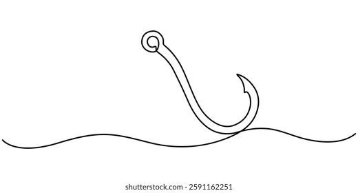 Fishing hook line continuous drawing vector. One line Hook vector background. Hook fisherman's equipment icon. Continuous outline of a Fishing hook,  minimalist pro vector illustration line concept.