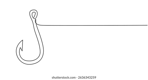 Fishing hook line continuous drawing vector. One line Hook vector background, Continuous outline of a Fishing hook, minimalist pro vector illustration line, Fishing hook line continuous drawing vector