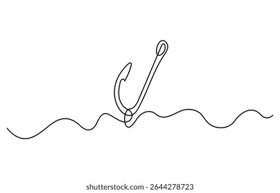 Fishing hook line continuous drawing vector. One line Hook vector background, Continuous outline of a Fishing hook, minimalist pro vector illustration line.