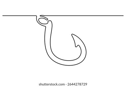 Fishing hook line continuous drawing vector. One line Hook vector background, Continuous outline of a Fishing hook, minimalist pro vector illustration line.