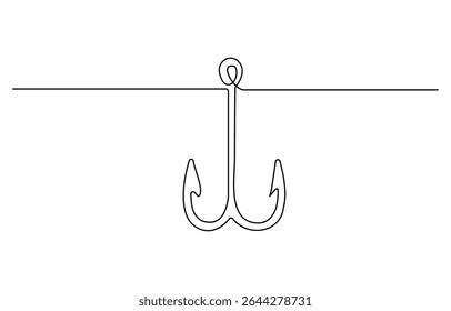Fishing hook line continuous drawing vector. One line Hook vector background, Continuous outline of a Fishing hook, minimalist pro vector illustration line.