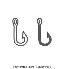 Fishing hook line and glyph icon, fishing and bait, fishhook set sign, vector graphics, a linear pattern on a white background, eps 10.