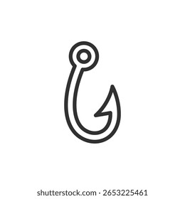 Fishing hook, linear icon. Sharp metal tool for catching fish. Line with editable stroke.