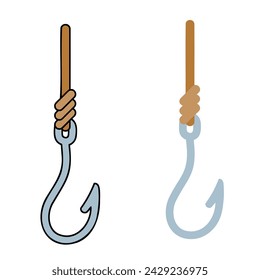 Fishing hook. Metal fishhook for bait, fish trap. Equipment of fisherman. Cartoon icon isolated on white background