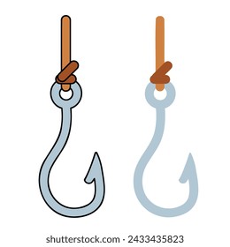 Fishing hook. Metal fishhook for bait, fish trap. Cartoon icon isolated on white background. Equipment of fisherman