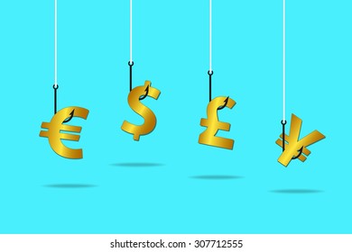 Fishing hook with Monetary sign of Dollar,Euro,Pound and Yen for Business and Money trap concept, Vector illustration