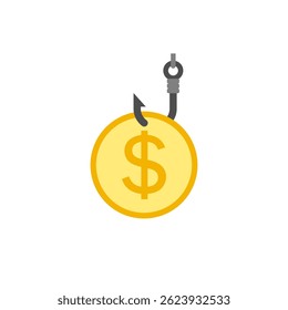 Fishing hook with money shaped bait. The coin is hanging on a hook. Vector clipart and drawing. Illustration on white background.