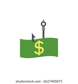 Fishing hook with money shaped bait. A paper banknote hangs on a hook. Vector clipart and drawing. Illustration on white background.