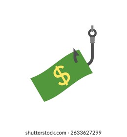 Fishing hook with money shaped bait. A paper banknote hangs on a hook. Vector clipart and drawing. Illustration on white background.