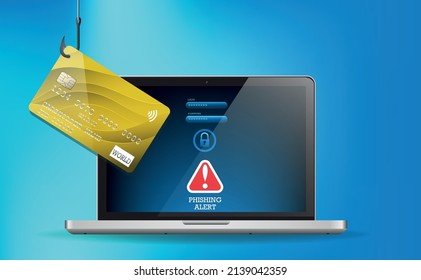 Tarjeta de crédito de phishing de ganchos de pesca y portátil con acceso y contraseña. Alerta de pesca. Afiche informativo. Fondo de degradado azul. Ilustración del vector