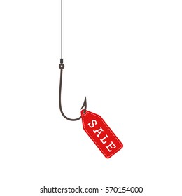 Fishing hook with a red sale label. Sale concept