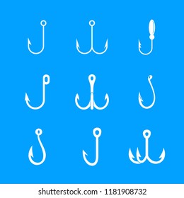 Fishing hook rod tackle catch metal icons set. Simple illustration of 9 fishing hook rod tackle catch metal vector icons for web