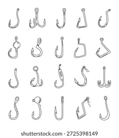 Fishing hook set in outline line art presents varied angling tackle shapes designed for outdoor use projects illustration needs marketing, branding, advertising, publishing