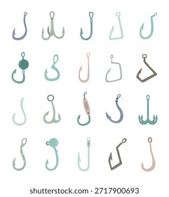 El gancho de pesca fijado en estilo escandinavo presenta Formas de aparejos de pesca variadas diseñadas para proyectos de uso al aire libre, necesidades de ilustración, marketing, marca, publicidad, publicación