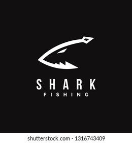 Fishing hook and shark logo icon vector template on black background, shark fishing logo