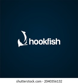 Fishing hook and shark logo icon vector template on dark blue background, shark fishing logo template