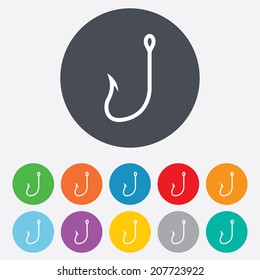 Fishing hook sign icon. Fishermen tackle symbol. Round colourful 11 buttons. Vector
