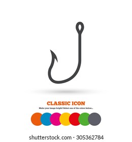 Fishing hook sign icon. Fishermen tackle symbol. Classic flat icon. Colored circles. Vector