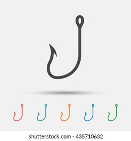 Fishing hook sign icon. Fishermen tackle symbol. Graphic element on white background. Colour clean flat fishing hook icons. Vector