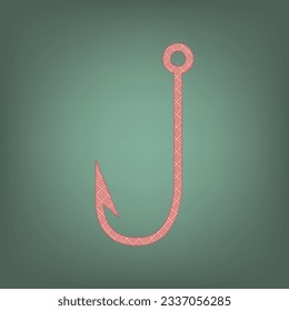 Fishing Hook sign illustration. Apricot Icon with Brick Red parquet floor graphic pattern on a Ebony background. Feldgrau. Green. Illustration.