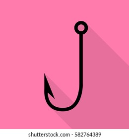 Fishing Hook sign illustration. Black icon with flat style shadow path on pink background.